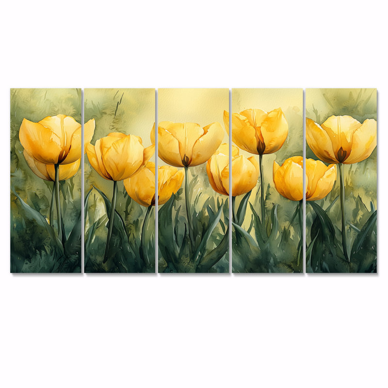 Aquarelle, tulipes, bouquet de fleurs d'été III - tulipes - art mural traditionnel, ensemble de 5 décorations murales