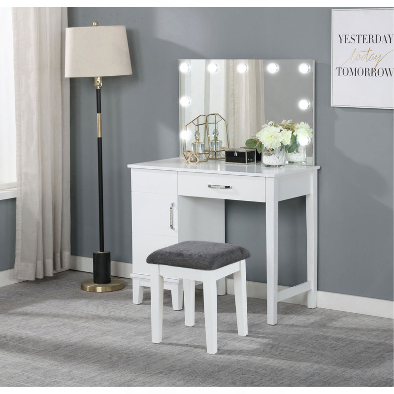Ensemble coiffeuse blanche et gris foncé avec éclairage et tabouret