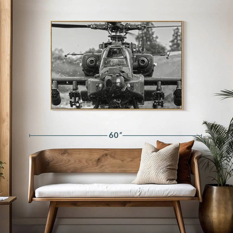 Apache Fighter Helicopter, Floating Frame Natural Wood, 46" X 31"