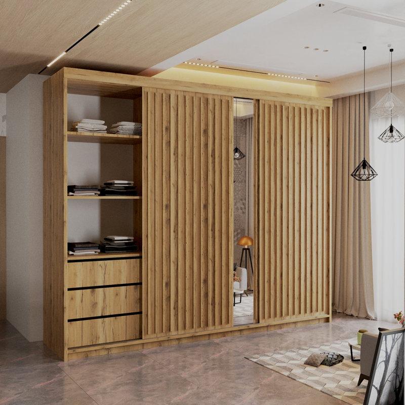 Sliding Wardrobe with Mirror Modern Bedroom 4 Colours 3 Sizes, 217cm H x 250cm W x 62cm D, Oak