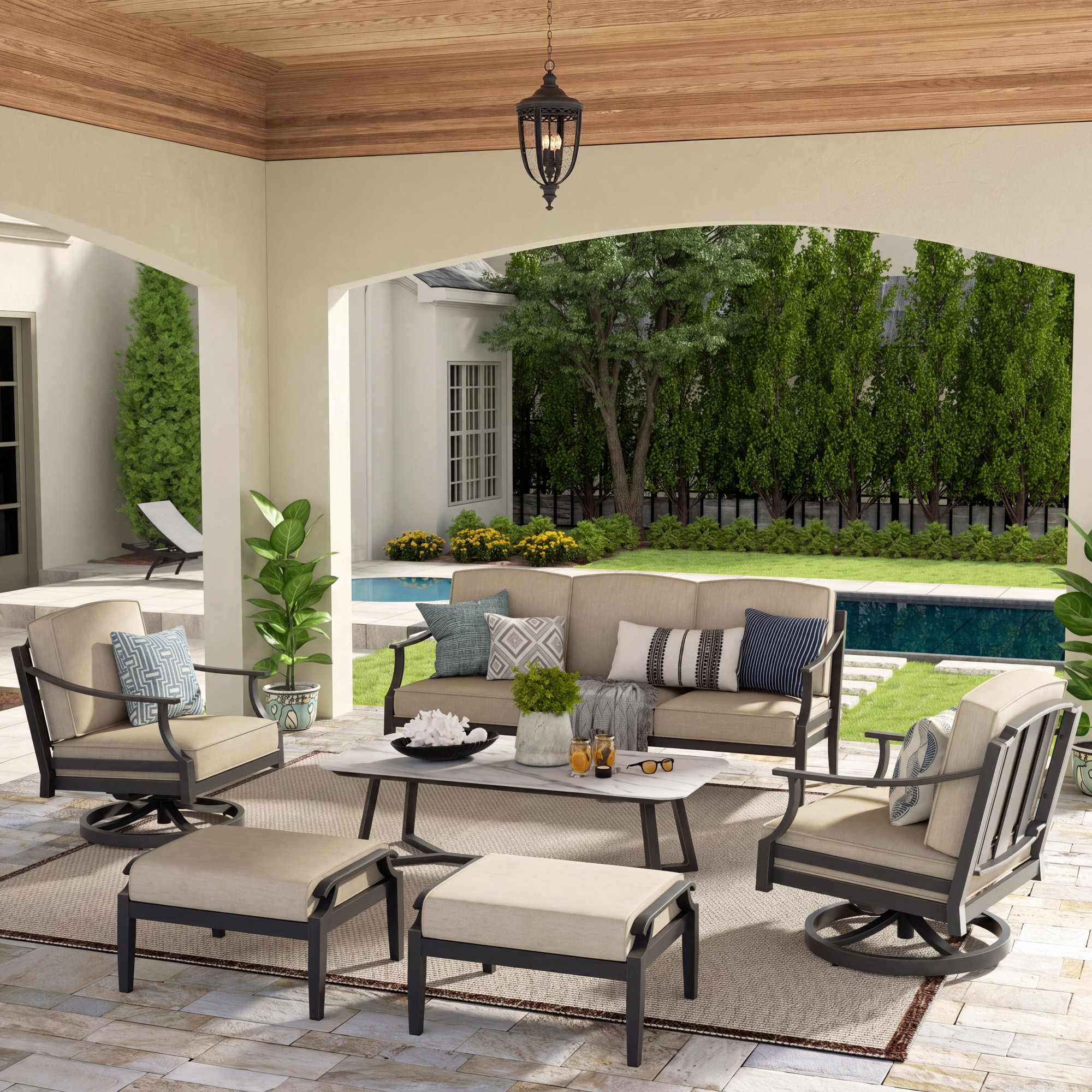 5 Person Aluminum Patio Conversation Set With Sintered Stone Tables, Ottomans And Sunbrella® Cushions