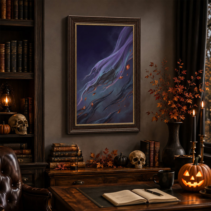 Rubans tourbillonnants violets et bleus avec toile murale marron d'Halloween, 24"H x 16"W