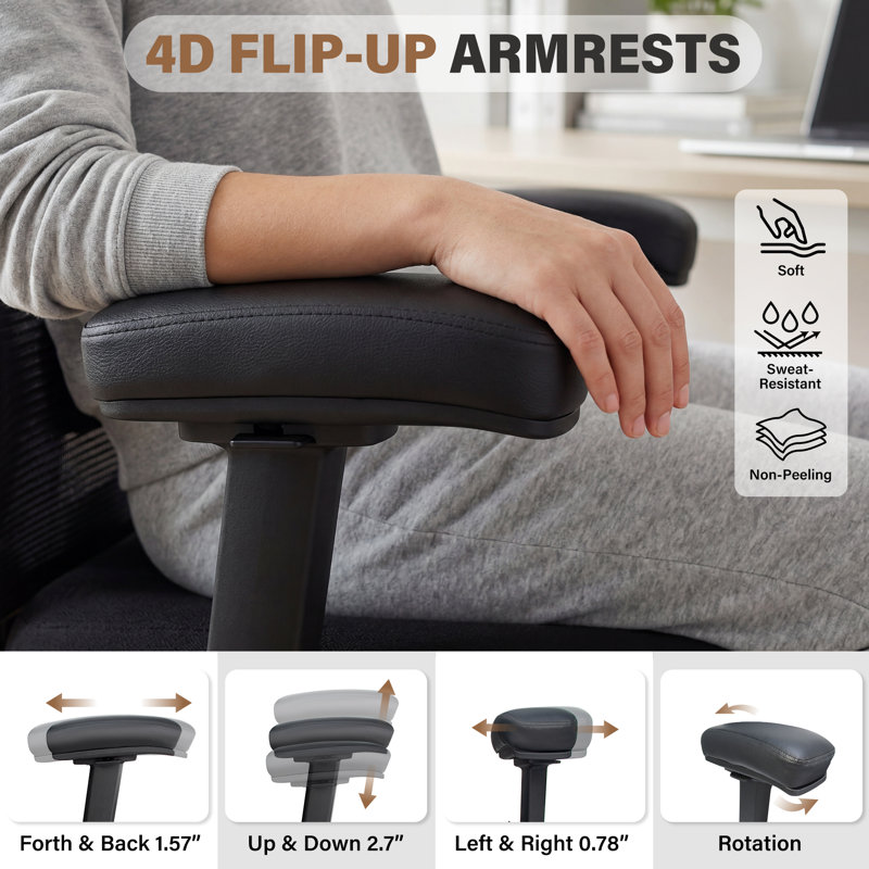 Fauteuil de bureau ergonomique avec dossier en filet respirant, support lombaire réglable et accoudoirs 4D - Fauteuil de direction robuste pour la maison et le bureau