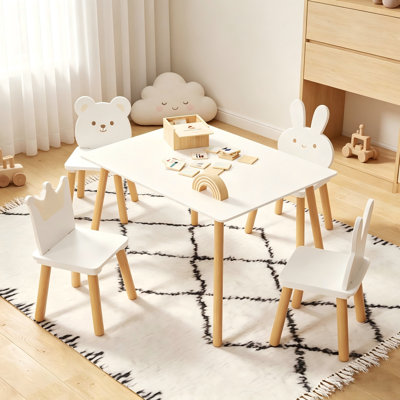 5-Piece Big Kids Wooden Table and Chair Set, Toddler Activity Play Table with 4 Chairs – White Rectangular Furniture Set for Playroom, Nursery & Bedro