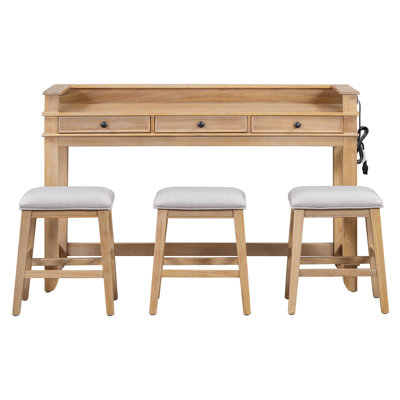 Norwalk 4-piece dining bar table set with 3 upholstered stools and multifunctional table featuring 3 drawers, natural