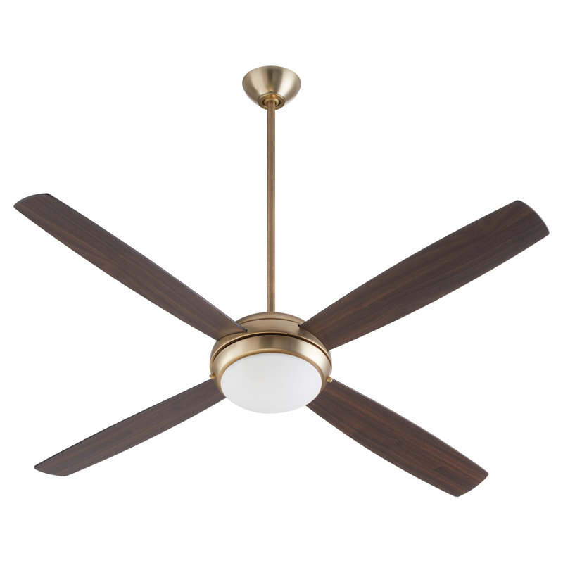 Ventilateur de plafond standard à DEL à 4 pales 60 po avec chaînette et ensemble d'éclairage inclus Laderrian, Laiton / noyer