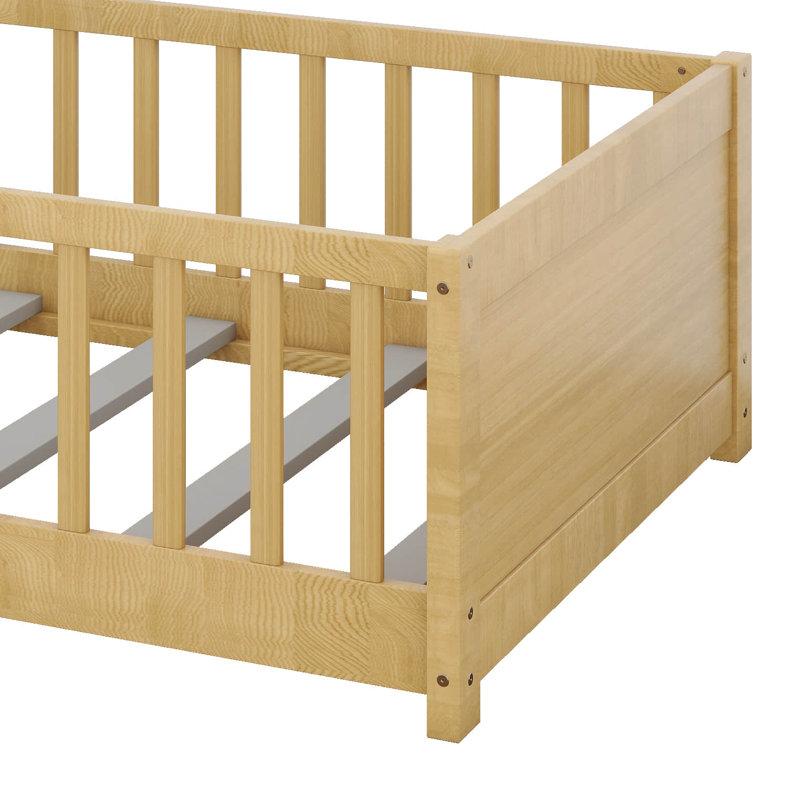Lit plateforme simple avec support à livres, lit en bois avec garde-corps de sécurité, aucun sommier requis, Naturel
