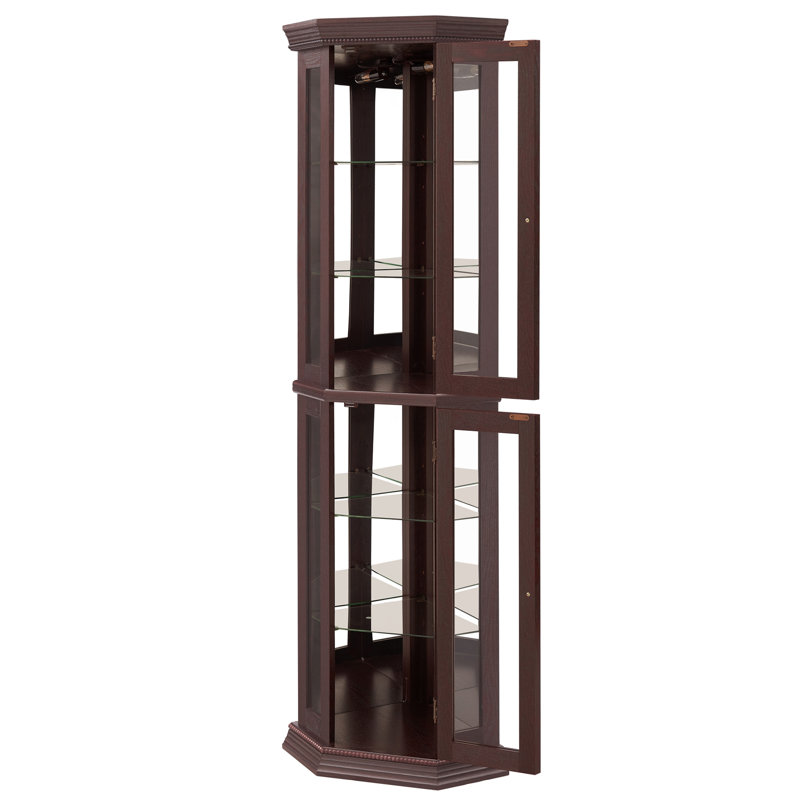Lighted Corner Curio Cabinet - Glass Display Shelf With Tempered Glass Doors, Adjustable Shelving, And Included Bead Bulb - Ideal Bar Cabinet For Home Decor- DARK CHERRY