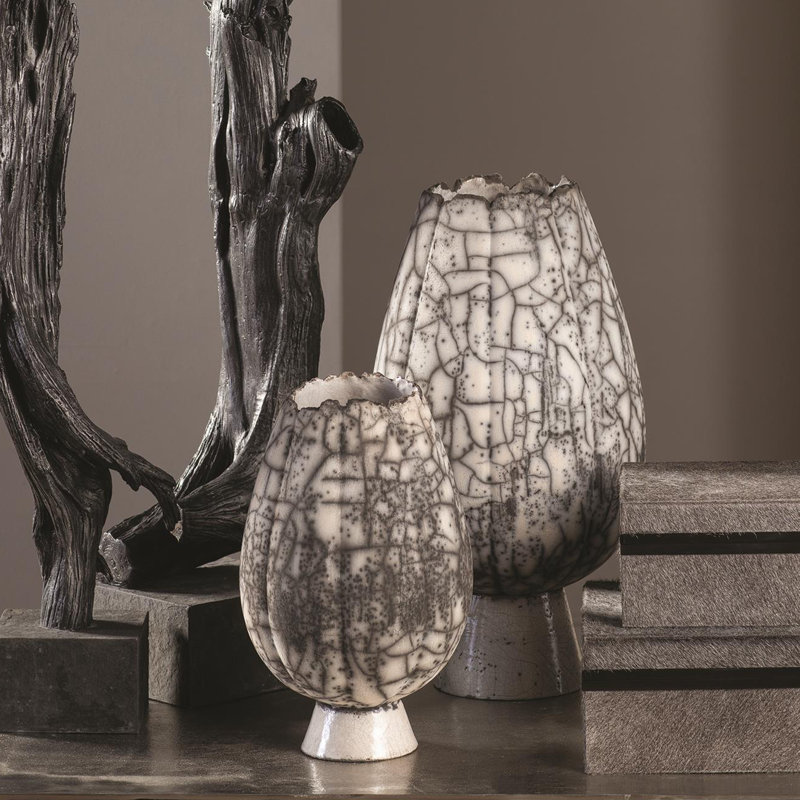 Crackled Footed Vase-Black Raku, 19.25" H x 10.5" W x 10.5" D