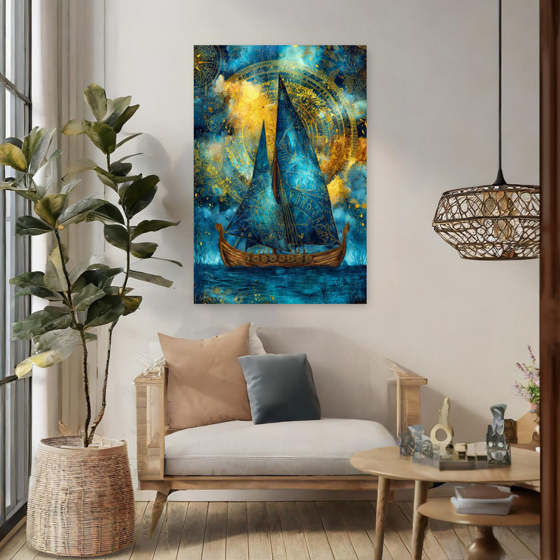 «Mystic Blue Viking Ship Dreamy Ethereal Mystical Rose Ocean Landscape», art mural, H 48 po x l 32 po