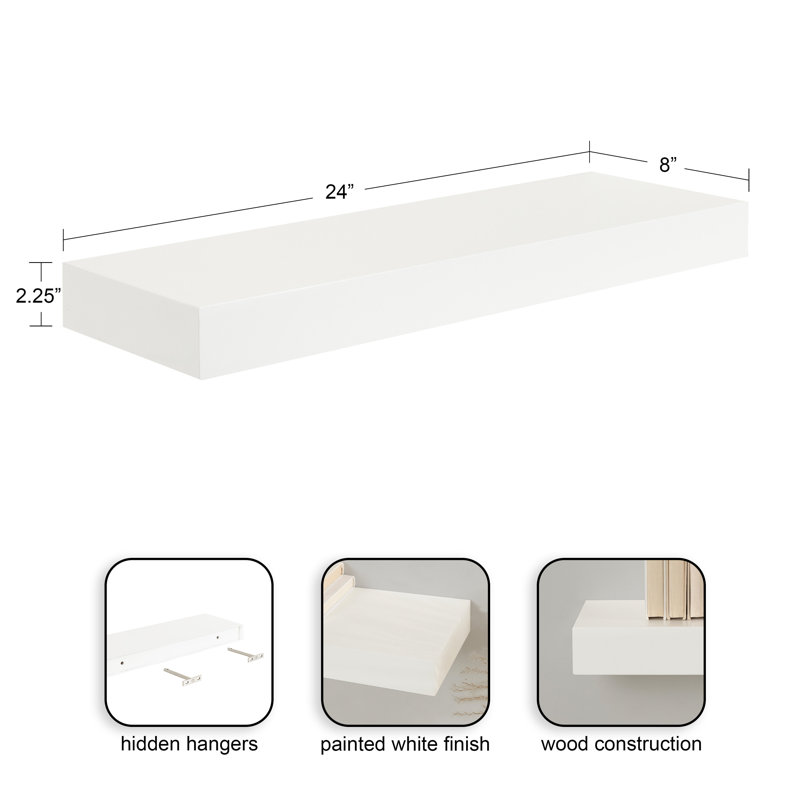 Jeremiah Wood Picture Ledge Floating Shelf, White, 2.3" H x 24" W x 8" D