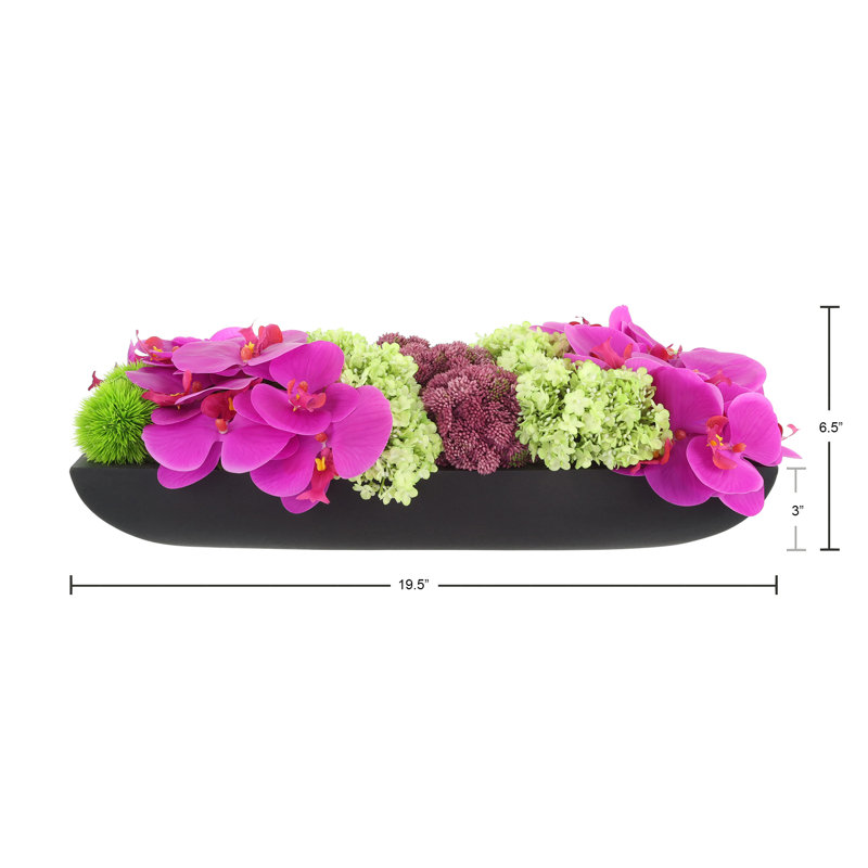 Orchid and  Arrangement, Black, 6.5" H x 19.5" W x 9" D