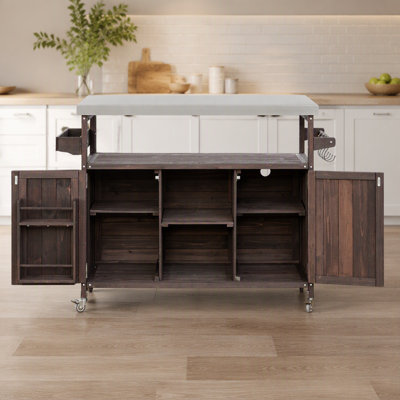 Îlot de cuisine extérieure K&K, chariot de bar roulant et meuble de rangement, table de barbecue extérieure de style campagnard en bois massif avec plateau en acier inoxydable, porte-épices, porte-serviettes pour cuisine et barbecue, brun foncé