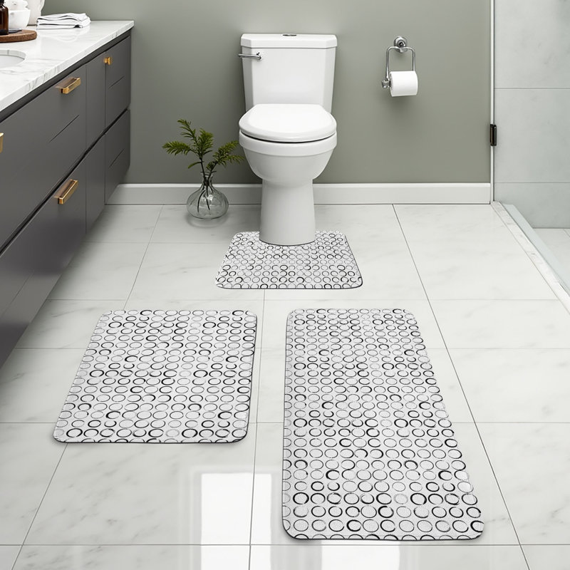 Ensemble de tapis de salle de bain Grungy 3 pièces en U et tapis rectangulaires noir et blanc