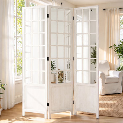 White 3-Panel Folding Room Divider with Acrylic Mirrors