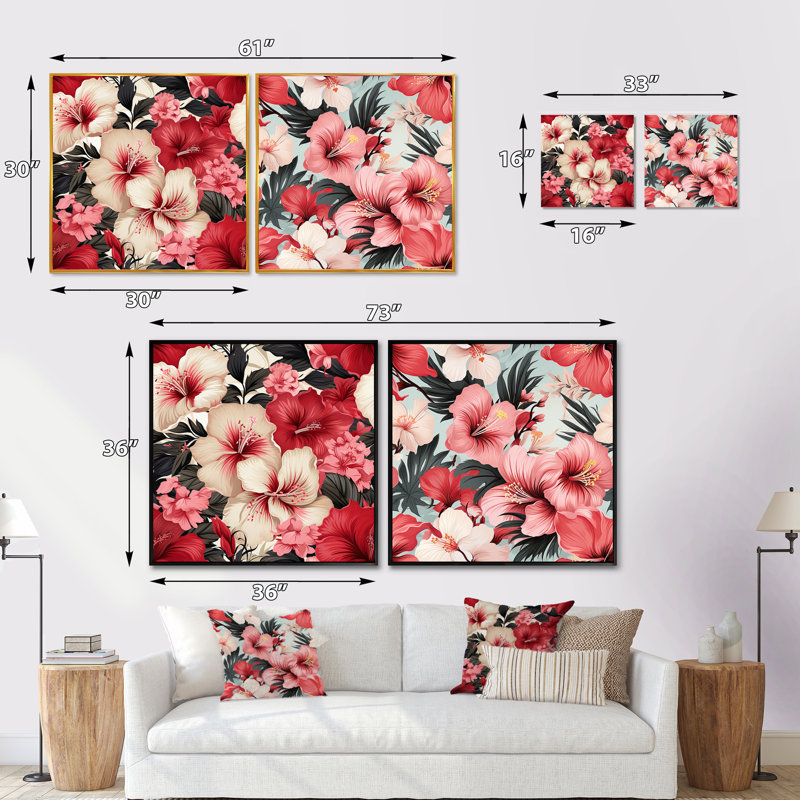 Tyringham - Ensemble de 2 collages carrés floraux, Cadre flottant noir, H 36 po x l 73 po