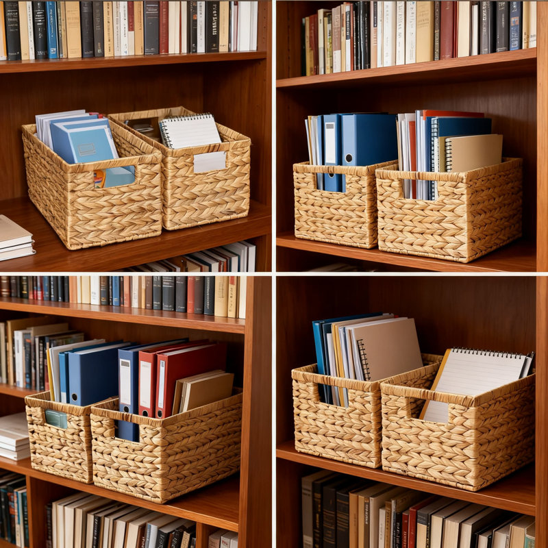 Natural Water Hyacinth Woven Storage Baskets Set Of 6, Rectangular Wicker Baskets With Built-In Handles For Home Organization