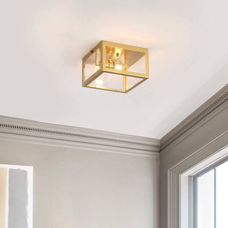 Bechtold Farmhouse Industrial Square Iron/Glass Case LED Flush Mount, Brass Gold, 5" H x 8" W x 8" D
