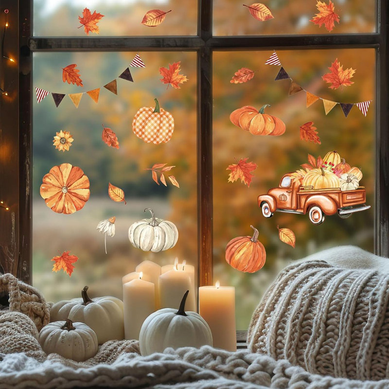 9 feuilles d'autocollants de fenêtre d'automne de gnome croix feuilles d'érable autocollants de fenêtre double face autocollants pour la fête de l'Action de grâce d'automne décorations de bureau de salle de classe