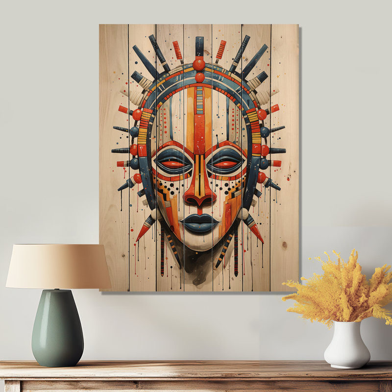 Masque de tribu africain Masai - imprimé tribal africain sur bois de pin naturel, H 32 po x l 24 po x P 0,78 po
