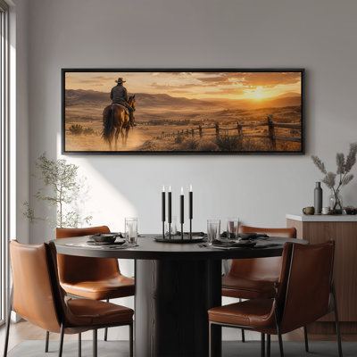 Large Framed Canvas Wall Art - Western Cowboy Horse Sunset Landscape Decor - 60"x20", 60"x30"
