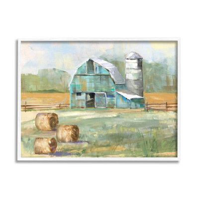 " Contemporary Blue Farm Barn Hay Bails Empty Field " by Sally Swatland
