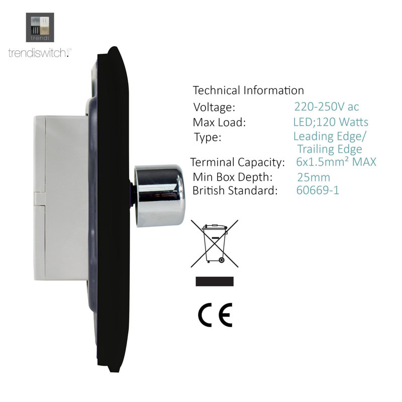 Trendi Switch 2 Gang 1 or 2 way 100w Rotary LED Dimmer Light Switch, Piano Black