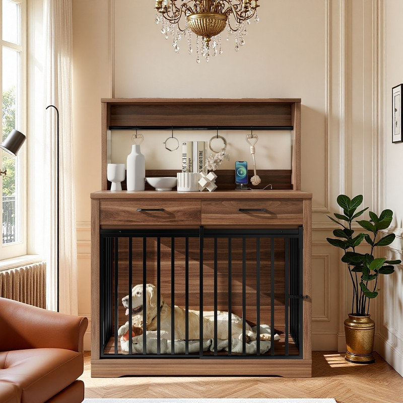 Niche pour chien avec porte coulissante et rangement multiple