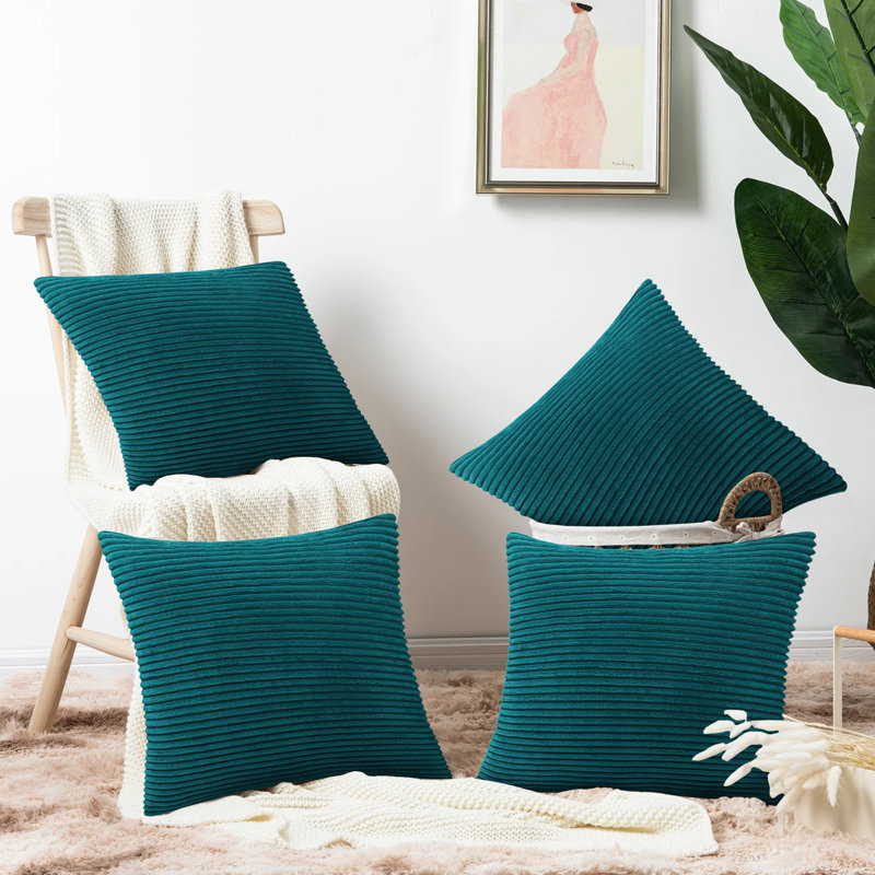 Shadwell Striped Square Scatter Crushed Velvet Cushion Cover, Teal