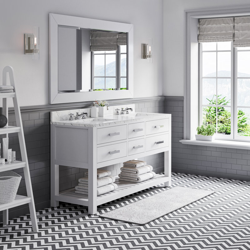 Parmer 60" Carrara White Marble Countertop Bath Vanity with Mirror, Pure White