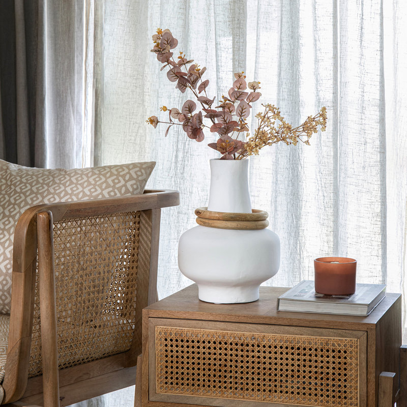 Contour Small Ecomix Table Vase with Wooden Ring Accents and Matte Finish, 13'' H X 9'' W X 9'' D, White