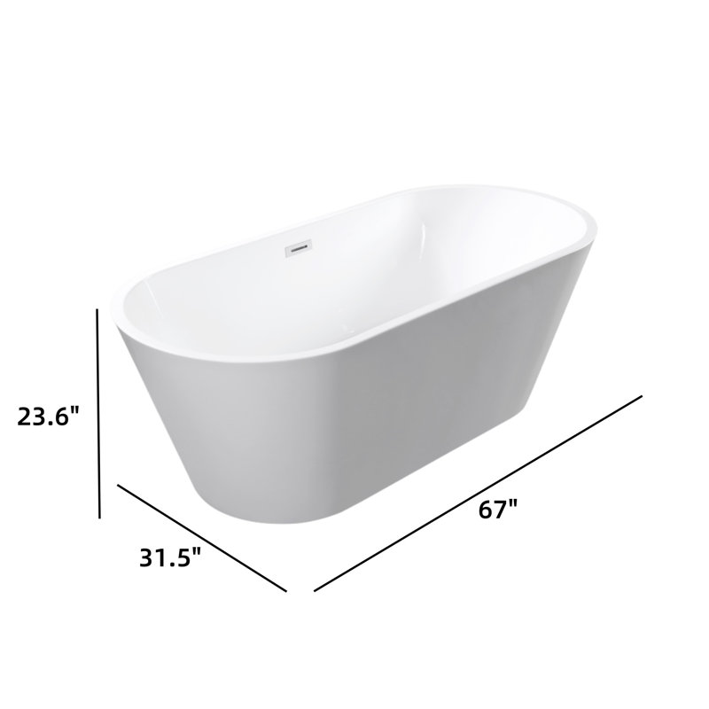 67 Inch Acrylic Freestanding Bathroom Tub, Bright White, Footed Chrome Drain.