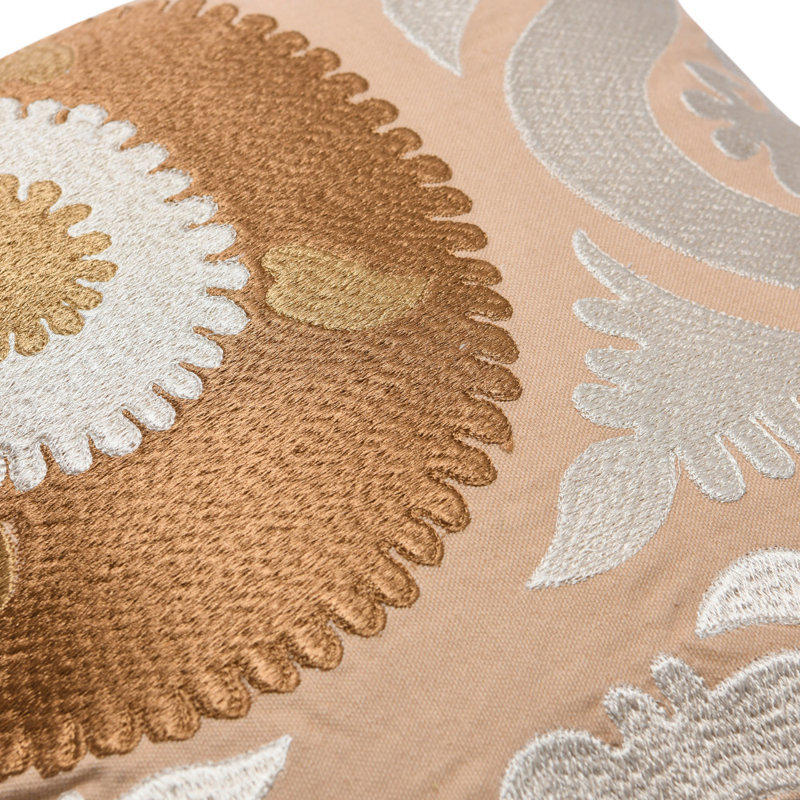 16" Beige and White Embroidered Cotton Throw Pillow
