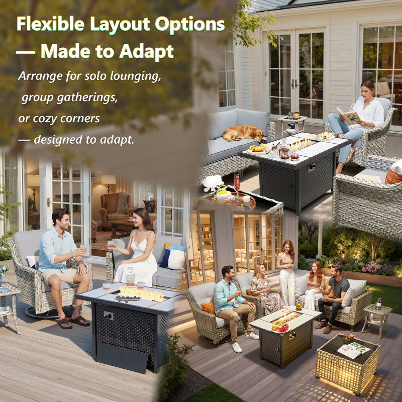 Sorella 5-Piece Outdoor Patio Furniture Set With Wicker Sectional Sofa & Lighted Coffee Table, Modern Patio Conversation Set For Porch, Deck & Backyard