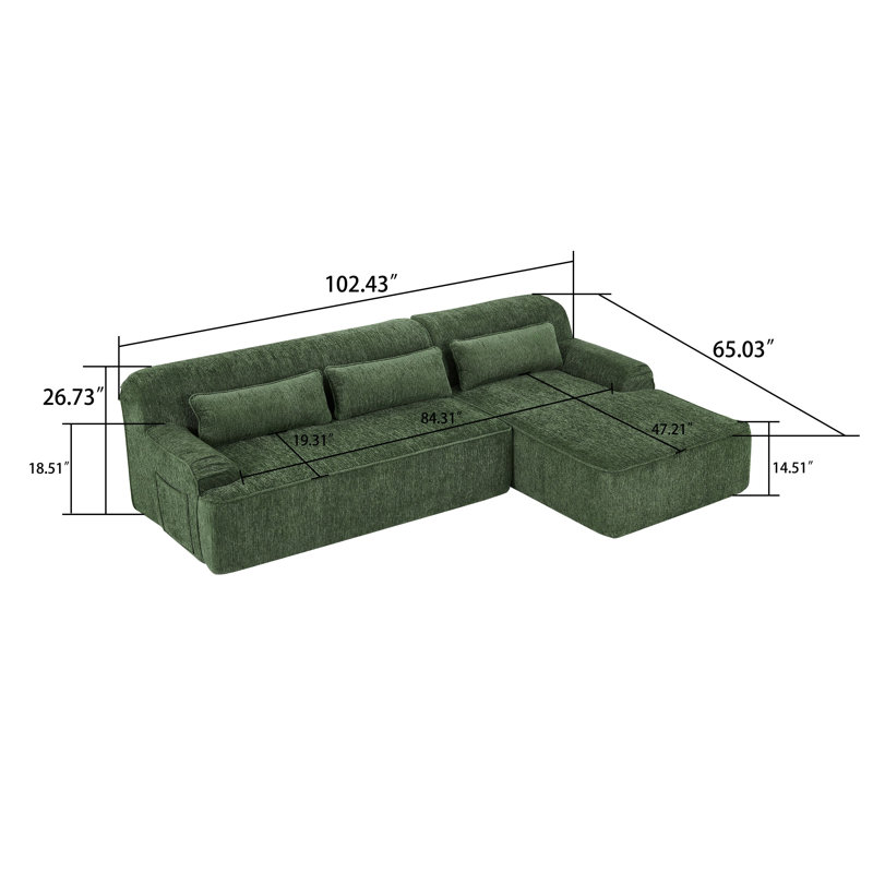 Modern Minimalist L-Shaped Chenille Upholstered Sectional Sofa with Storage Pockets and Three Pillows, Green Chenille