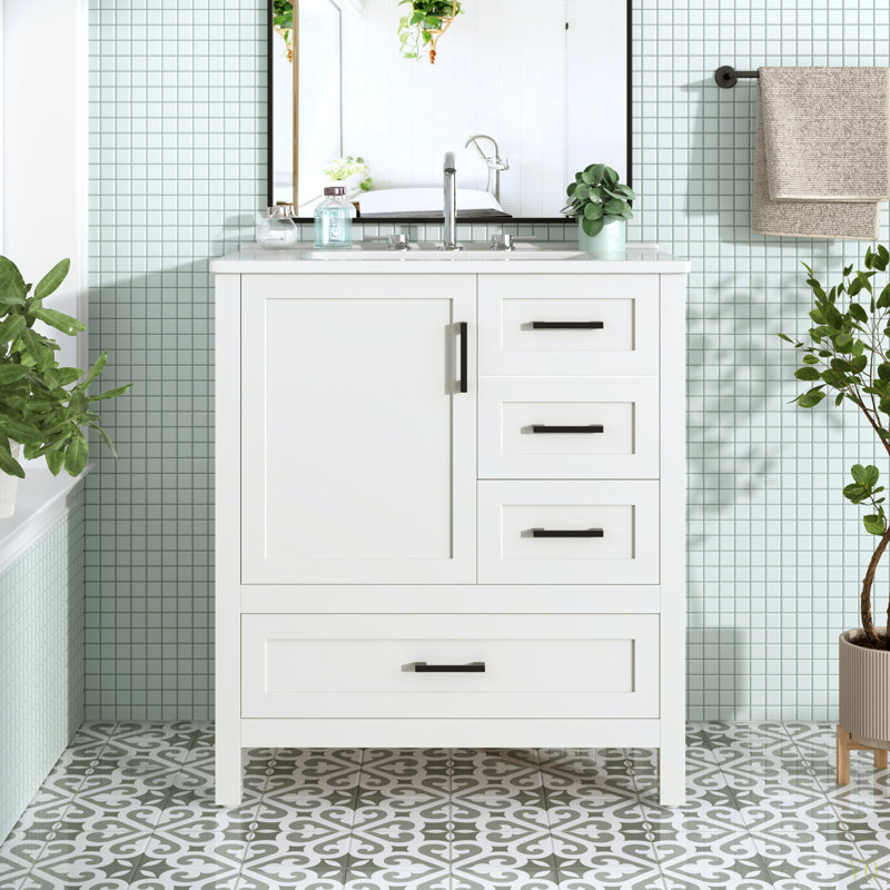 Ensemble de meuble-lavabo avec lavabo 30 po, armoire de rangement pour salle de bain avec porte à fermeture douce, 3 tiroirs à fermeture douce et plateau amovible, structure en bois massif