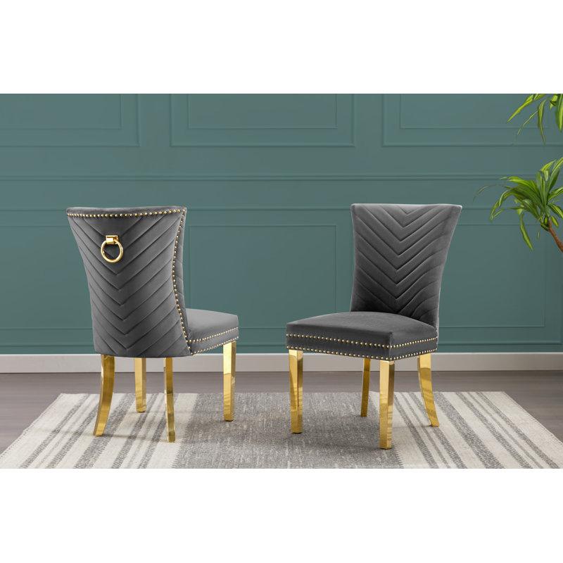19'' H Velvet Upholstered Metal Side Chair, Dark Gray, Gold