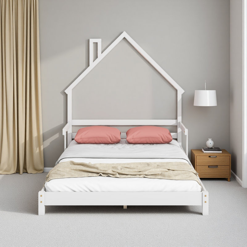Lit de tête de lit en forme de maison avec mains courantes et lattes, Lit double, Blanc