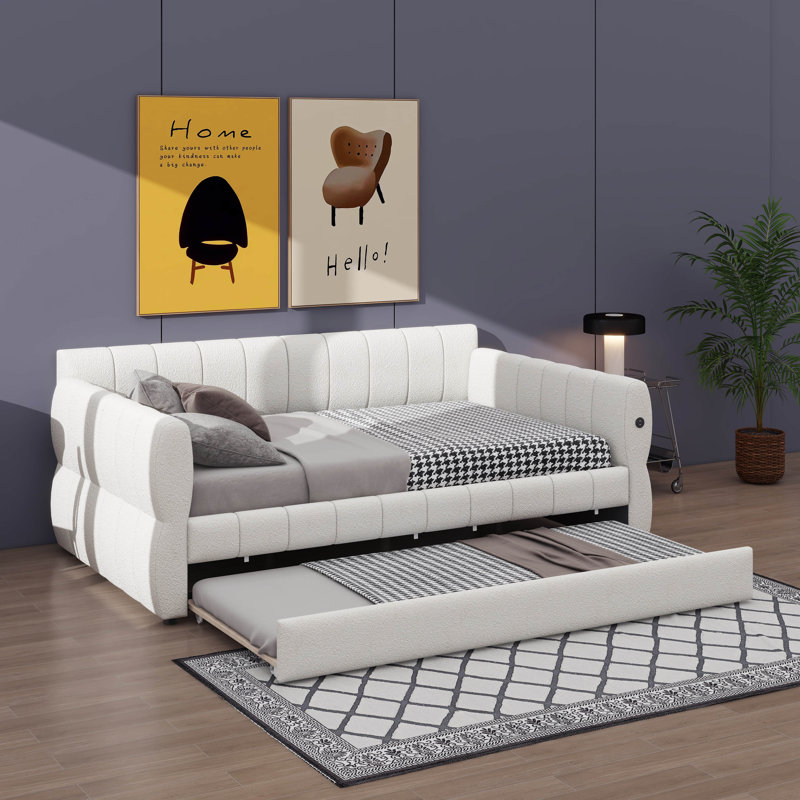 Queen-Size Fabric-Upholstered Platform Bed With Pull-Out Trundle, White