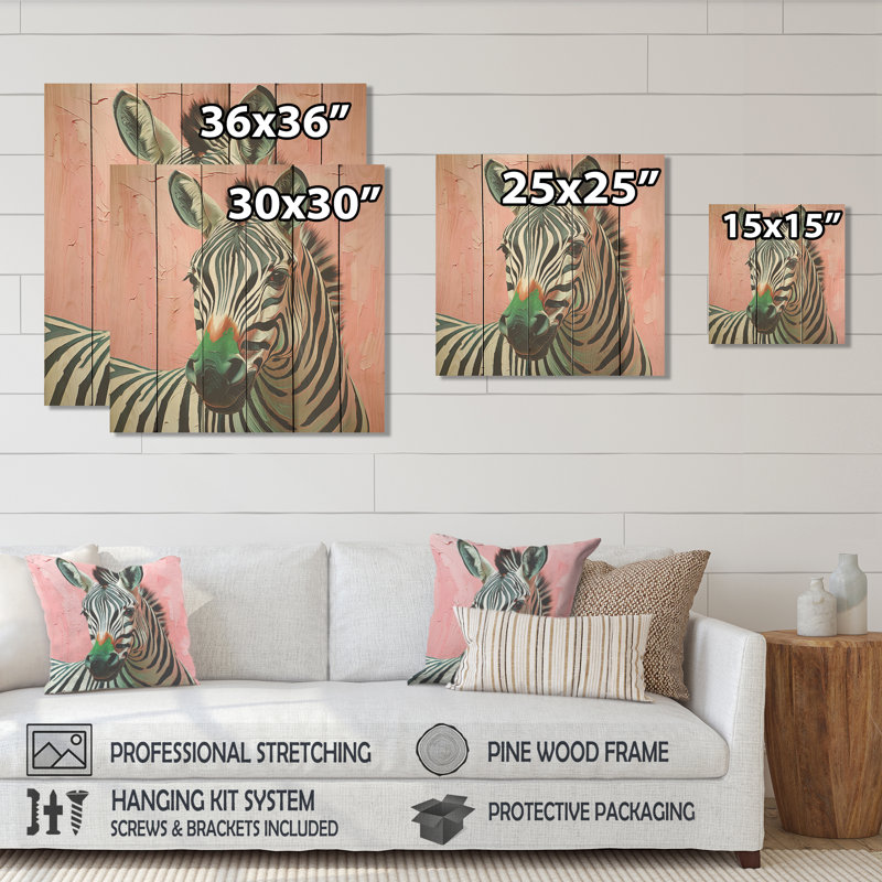 Rose et vert Boho Zebra I - Animal zèbre sur bois, H 36 po x l 36 po