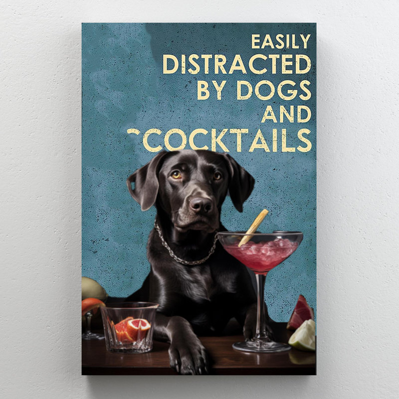 Chiens et cocktails sur toile, H 14 po x l 11 po x P 1,25 po