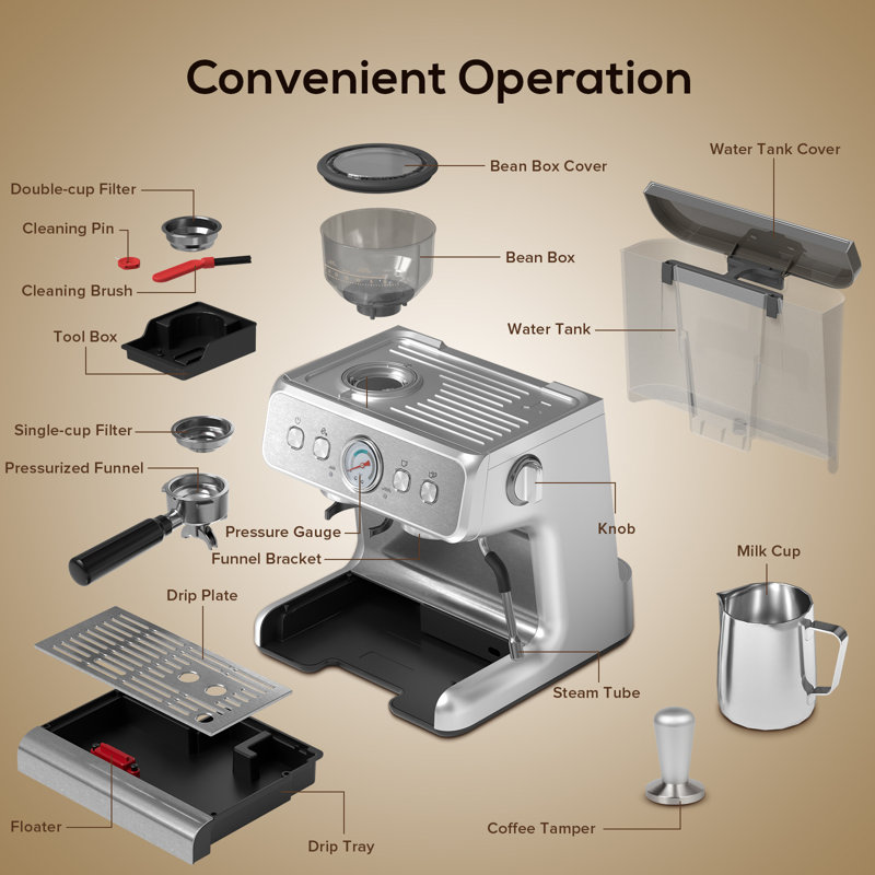 Coffee Maker, 15 Bar, Semi-automatic, Intelligent Temperature Control, Overheat Protection, Auto Shut-off, Large 2.8l Water Tank, Dual Cup Brewing, For Home, Office, Coffee Shop