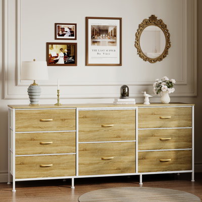 Commode en tissu avec 8 tiroirs, structure en métal et plateau en bois pour le rangement
