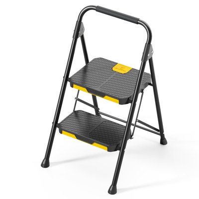 Escabeau pliant en acier robuste à 2 marches, escabeau noir avec design Safe-Lock