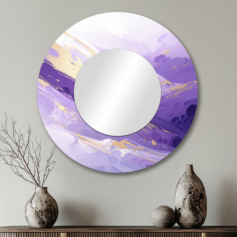 Abstractions dynamiques mauves et dorées I - miroir abstrait unique, grand miroir mural rond moderne, impression d'art en métal