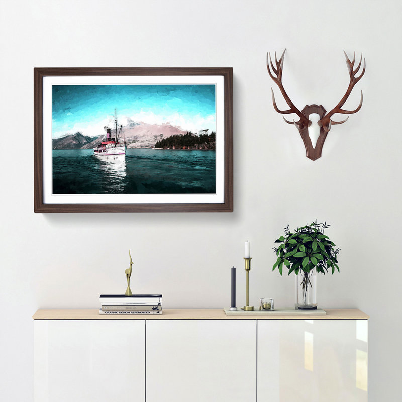 Boat on the Lake in New Zealand in Abstract - Picture Frame Painting Print, Walnut Framed, 27cm H x 36cm W x 2cm D