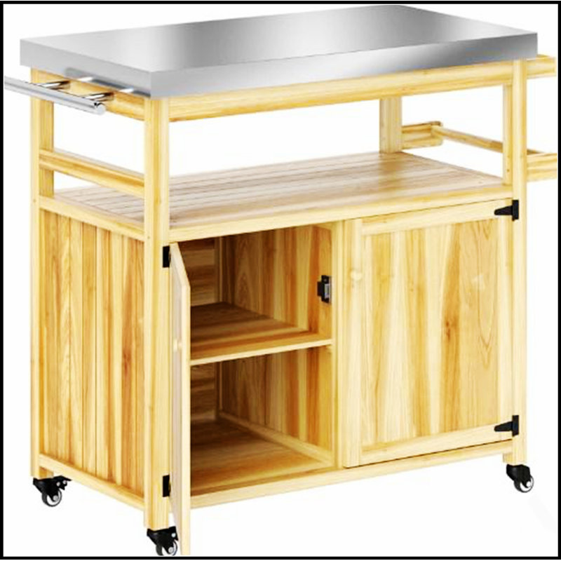 Îlot de cuisine extérieur en bois massif avec plateau en acier inoxydable, roulettes et armoires de rangement pour des grillades durables et pratiques