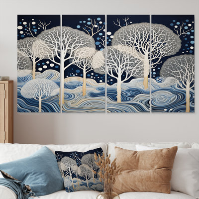 Hiver, arbres magiques d'hiver, nuit bleue - chêne, art mural, 4 pièces