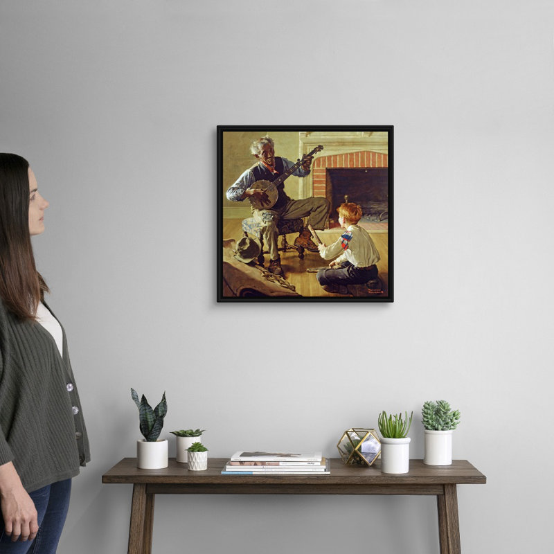 Norman Rockwell, le joueur de banjo, art mural sur toile, H 22 po x l 22 po x P 1,75 po, Cadre flottant noir