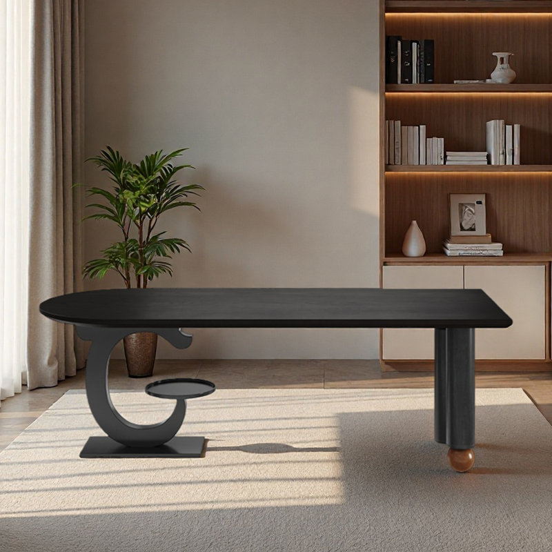 Bureau noir semi-circulaire à usage domestique, bois massif, H 29,53 po x l 70,87 po x P 31,5 po